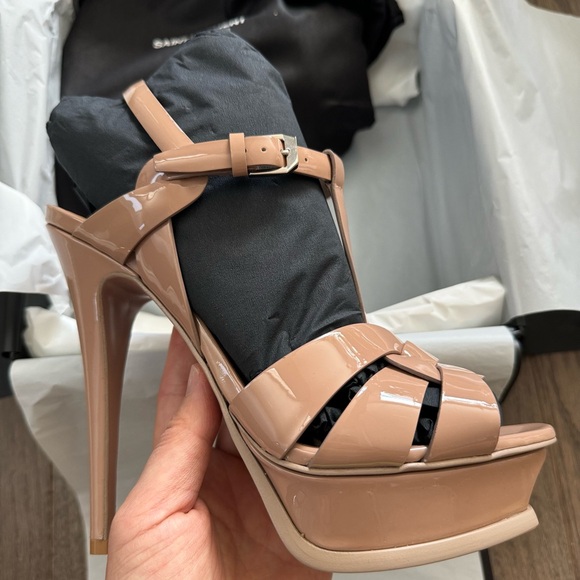 New! Saint Laurent YSL Tribute High Heels in Nude Pink Patent